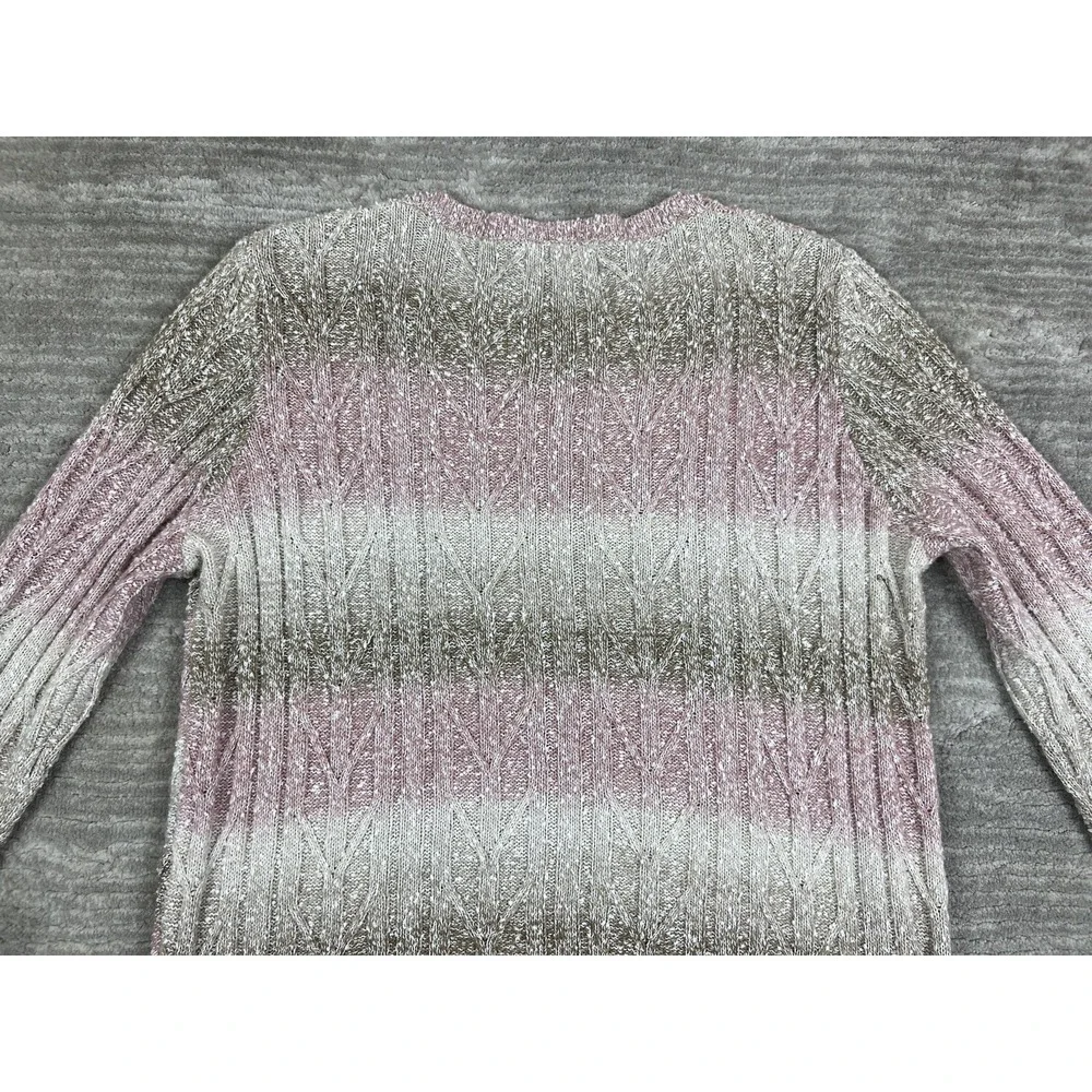 Alfred Dunner Sweater Women M Pink Ombre Cable Knit Beaded Split Neck 3/4 Sleeve